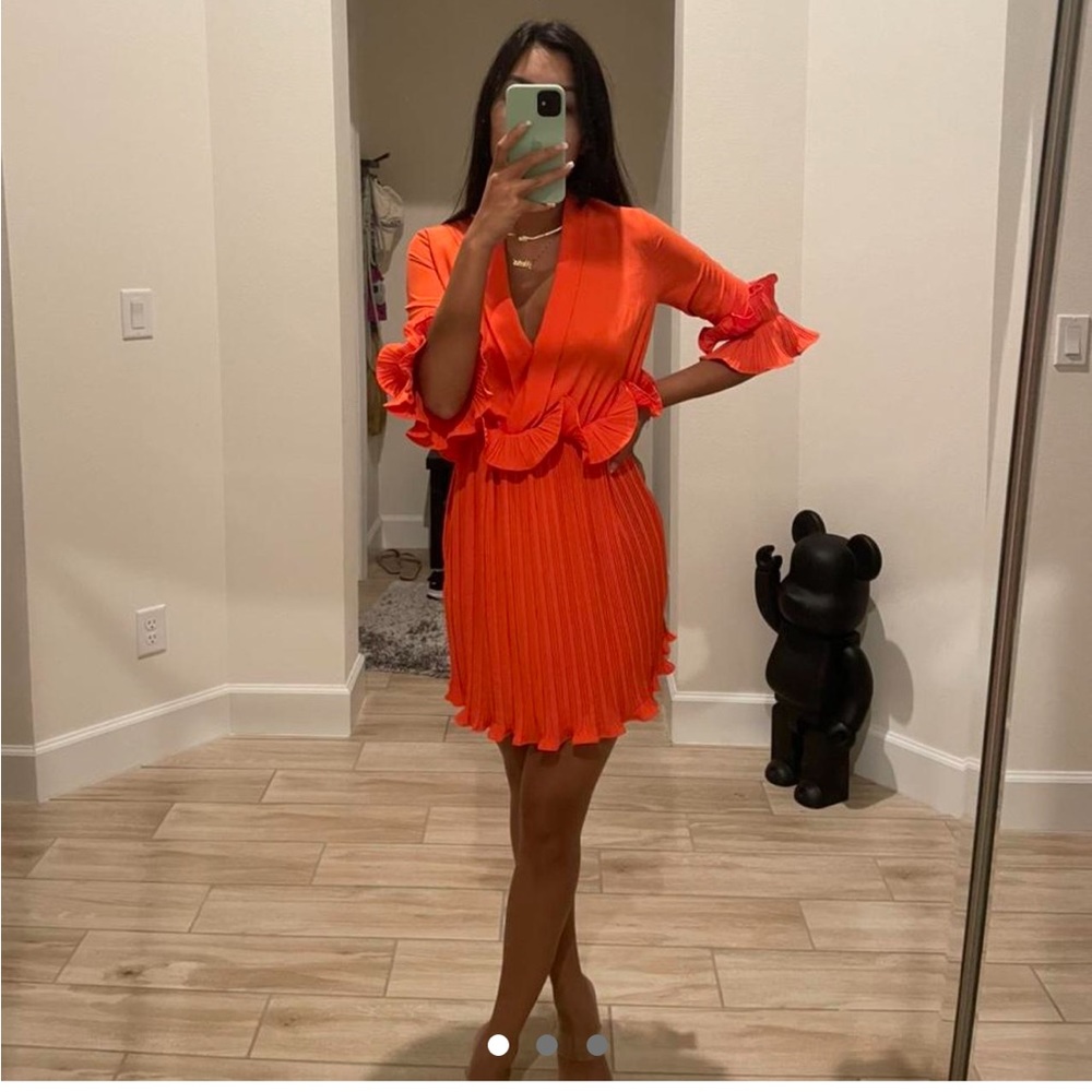 Orange, semi formal, frill dress